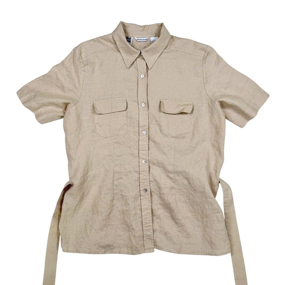 Richard Malcolm Irish Linen Safari Shirt Women's Large Beige Belted Button Front